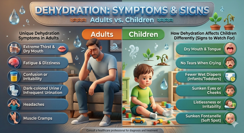 Dehydration in Adults Symptoms vs Dehydration in Children Signs
